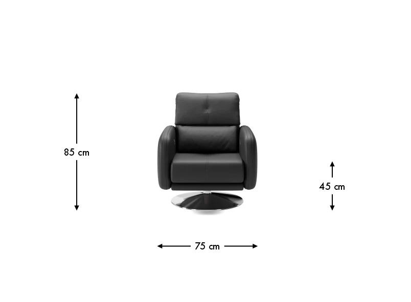Rozměrový pohled křesla ALA se šířkou 75 cm, výškou 85 cm a výškou sedu 45 cm.