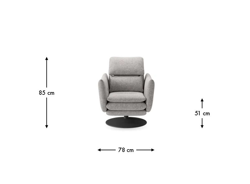 Rozměrový pohled křesla PATRICK, šířka 78 cm, základní výška 85 cm a výška sedu 51 cm.
